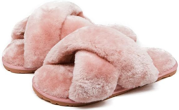 Amazon.com | Women's Fuzzy Cross Band House Slippers Soft Plush Furry Fur Open Toe Cozy Memory Fo... | Amazon (US)