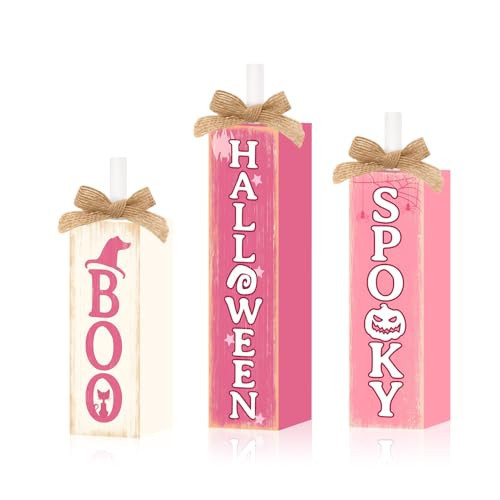 3 Pcs Pink Halloween Decor Wooden Tiered Tray Decor, Cute Pink Ghost Table Signs Vintage Rustic Spooky Boo Halloween Decorations Party Tabletop Centerpieces for Home Kitchen Indoor Mantel | Amazon (US)