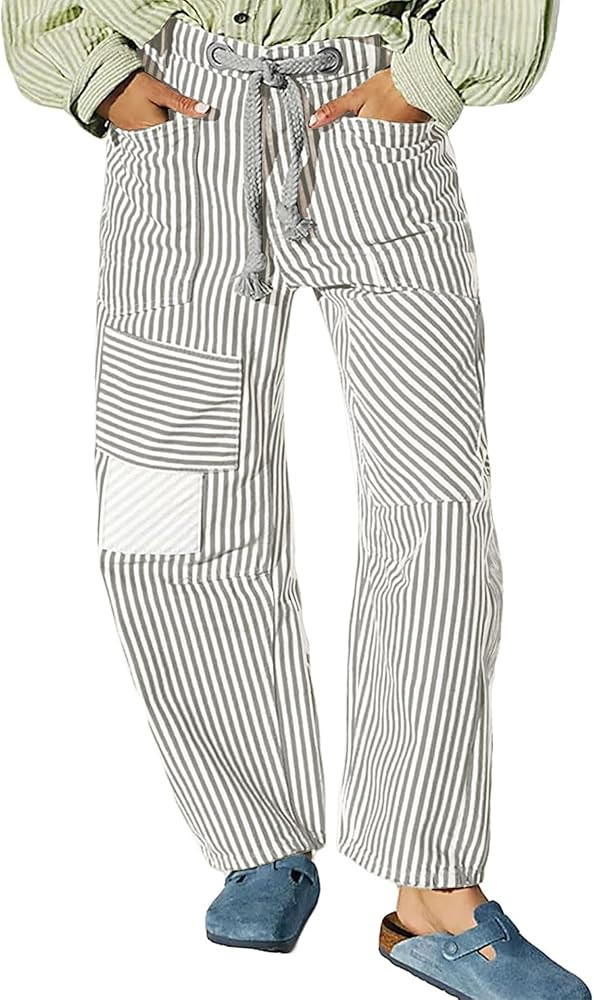 Pivanzore Baggy Barrel Jeans for Women Y2k Striped Drawstring High Waist Straight Wide Leg Boyfri... | Amazon (US)