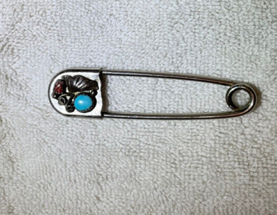 Navajo Sterling Turquoise & Coral Bear Safety Pin Southwestern 925  | eBay | eBay US
