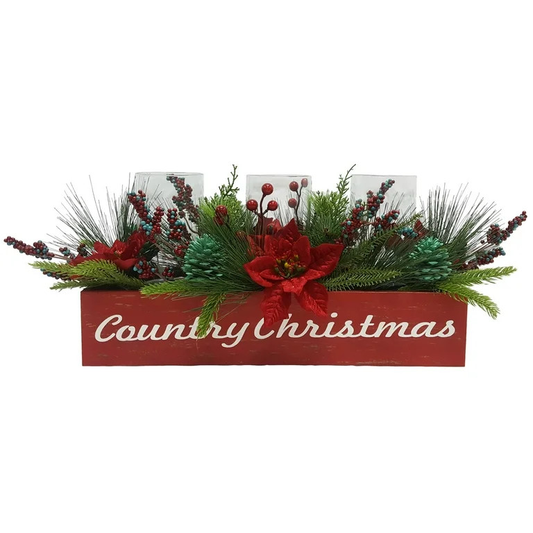 The Pioneer Woman Holiday Floral Wood Rail Centerpiece Glass Hurricane Candle Holder, Country Chr... | Walmart (US)