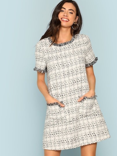 SHEIN Frayed Edge Pocket Front Tweed Dress | SHEIN