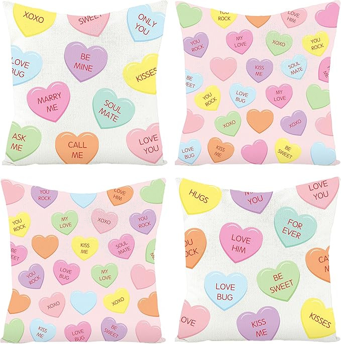 WATINC 4Pcs Valentine’s Day Candy Conversation Cute Heart Throw Pillow Covers, Burlap Hearts Lo... | Amazon (US)