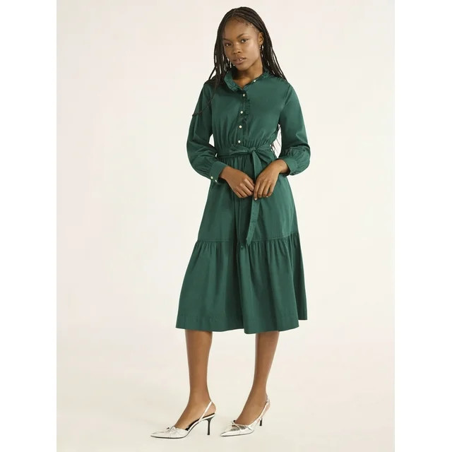 Free Assembly Women’s and Women's Plus Cotton Ruffle Midi Dress with Long Sleeves, Sizes XS-4X | Walmart (US)