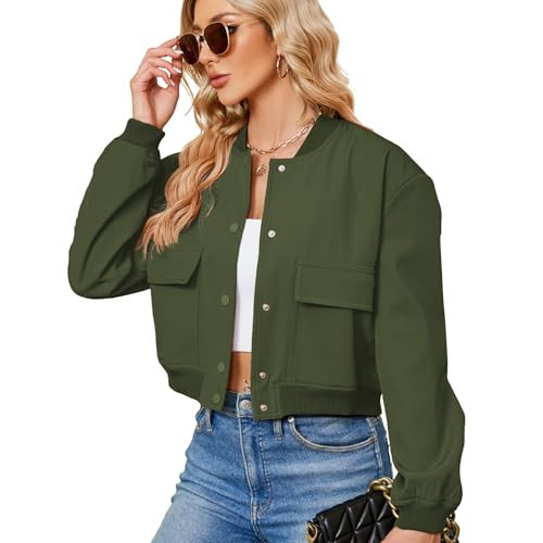 Zando Olive Green Jacket Women - Dark Green Jacket Women Button Down Cropped Bomber Jackets Womens with Pockets Long Sleeve Baseball Varsity Jackets Womens for Daily Work Outdoor Travel School M | Amazon (US)