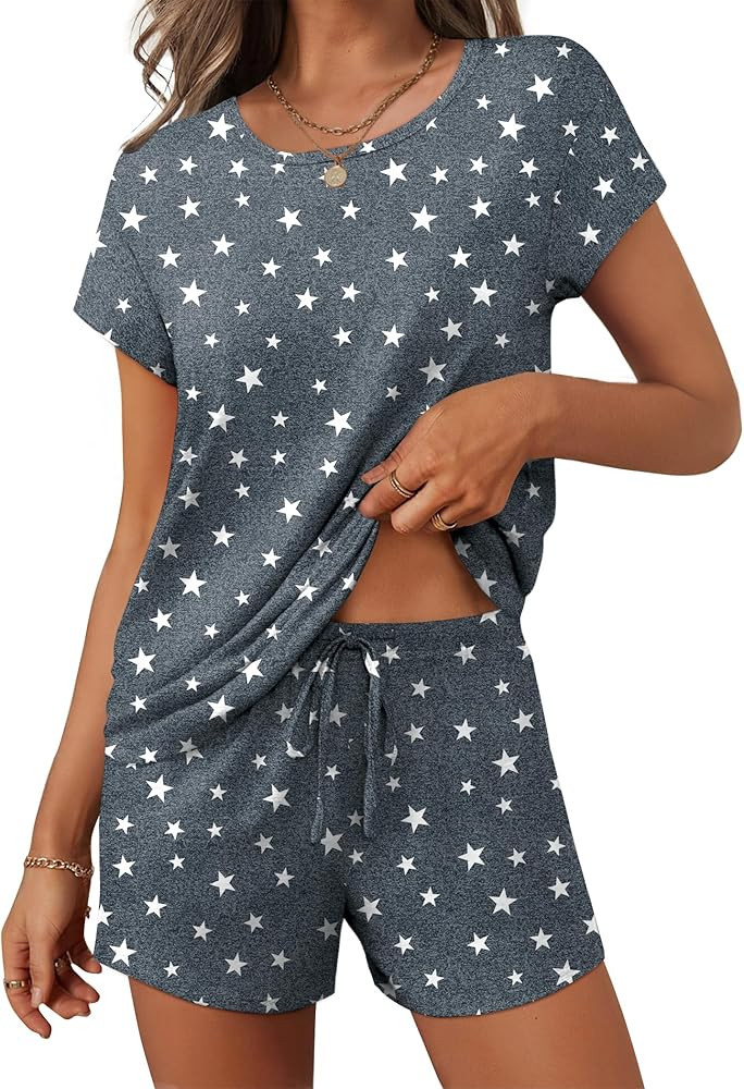 Ekouaer Women 2 Piece Pajamas Set Short Sleeve Comfy Lounge Set Round Neck Tops and Shorts Pjs wi... | Amazon (US)