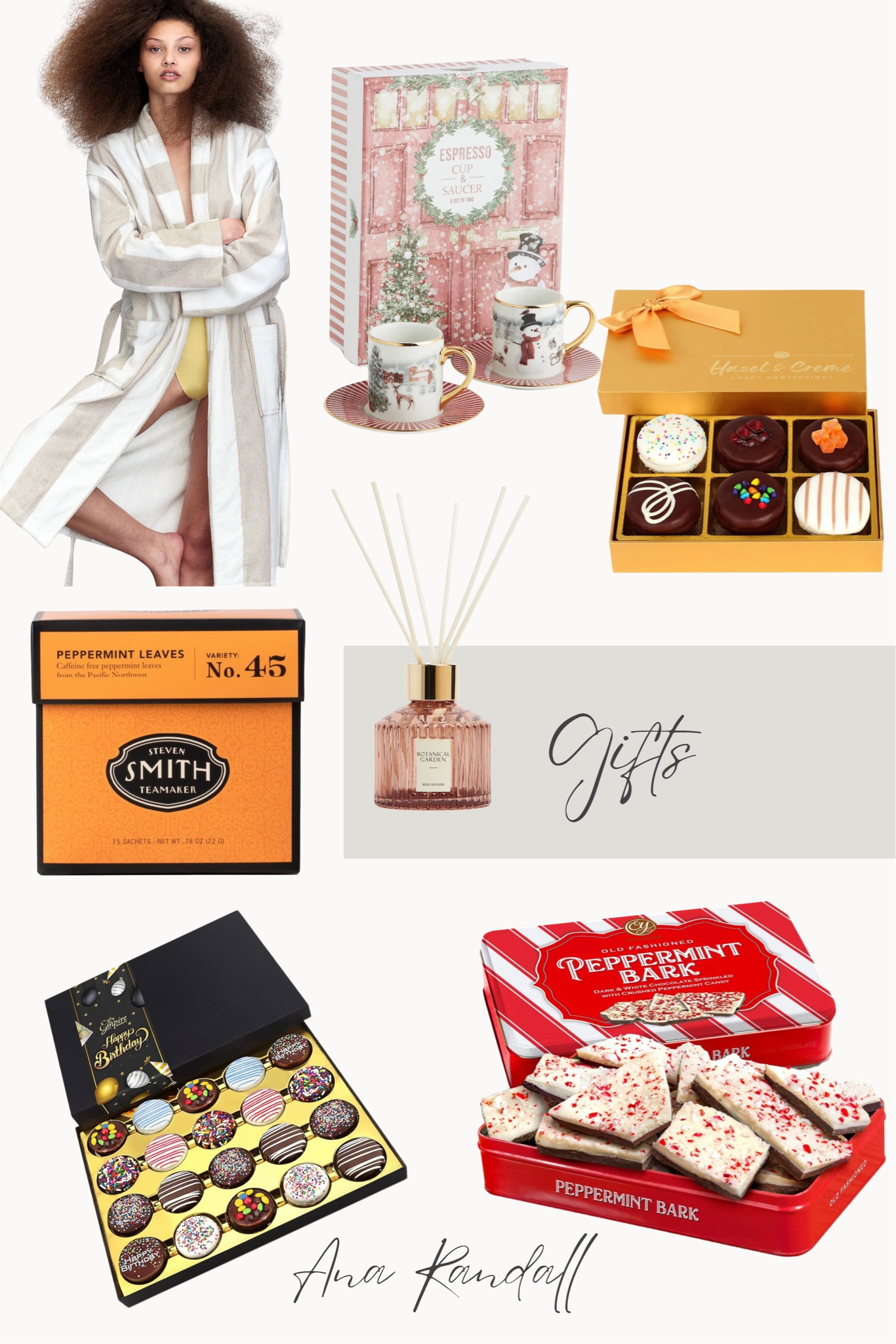 Gift Guide Inspiration! 🎁 Cozy up in style with a chic striped robe or indulge in a sweet treat with gourmet chocolates and peppermint bark. For tea lovers, a soothing peppermint tea makes the perfect gift, while the holiday espresso cups add a festive touch to any kitchen. Top it all off with a luxurious fragrance diffuser to bring warmth to your space. Happy gifting!

#giftguide #ltkholiday #ltkhome #ltkunder50 #ltkseasonal”

#LTKGiftGuide #LTKFindsUnder50