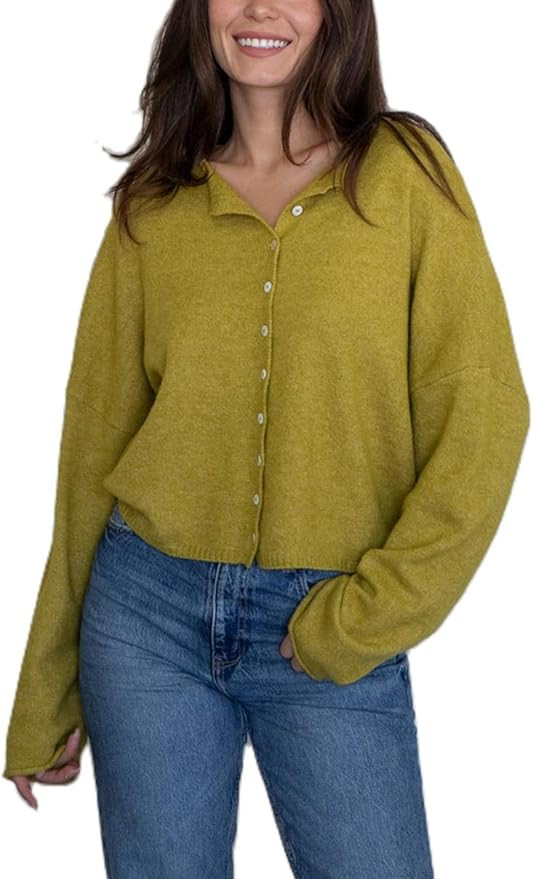 Women Casual Cardigan Sweater Lightweight Loose Crewneck Button Down Long Sleeve Basic Knit Tops | Amazon (US)