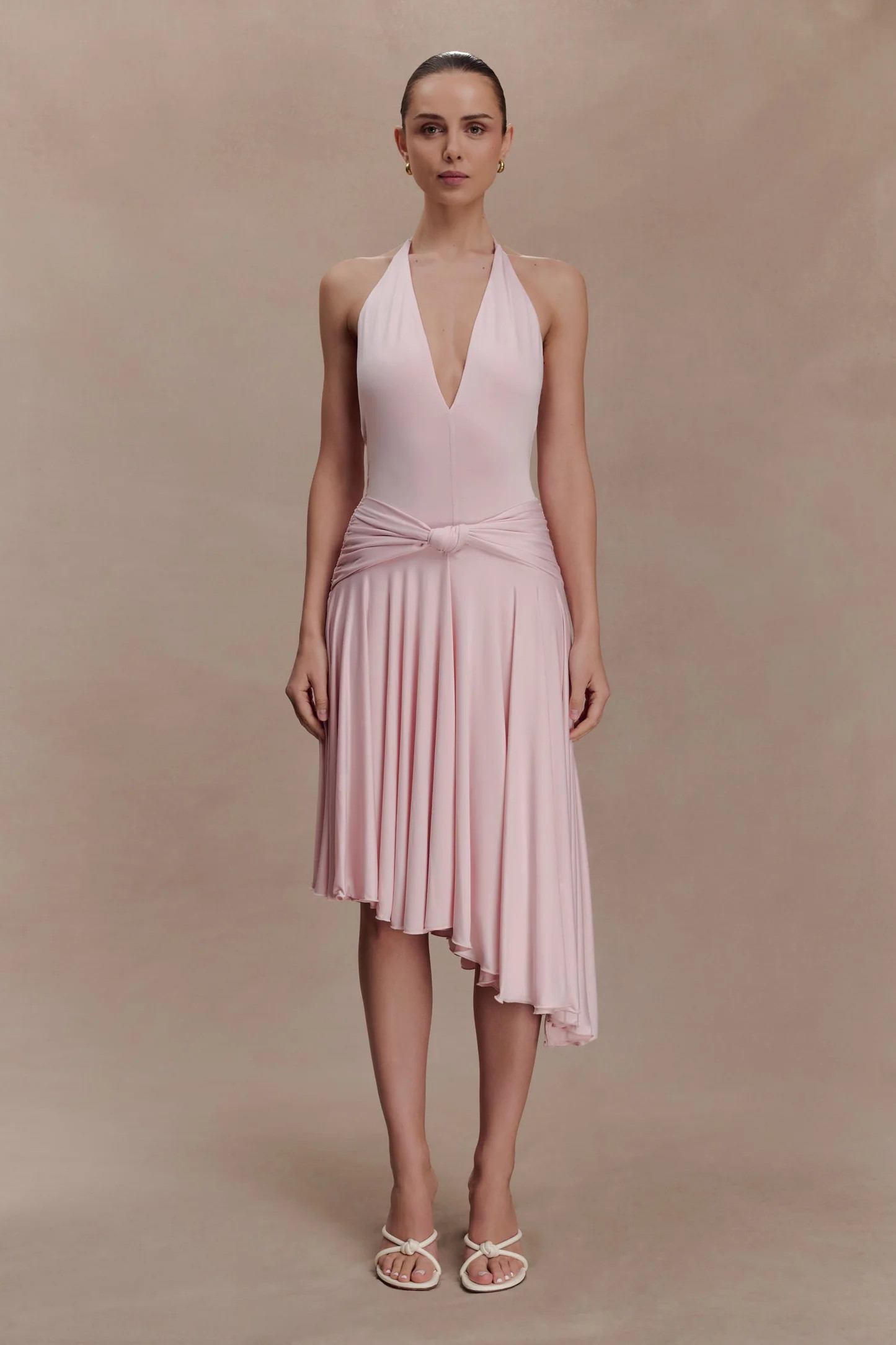 Zelda Asymmetric Slinky Midi Dress - Ballet Pink | Meshki UK