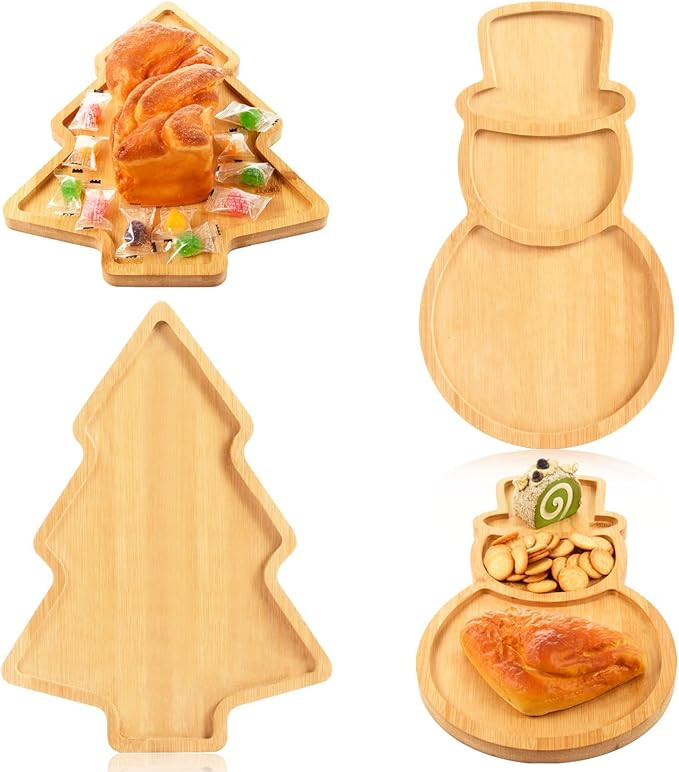 AWIZOM 2 Pcs Christmas Serving Platters Christmas Tree and Snowman Shaped Wood Trays Winter Bambo... | Amazon (US)