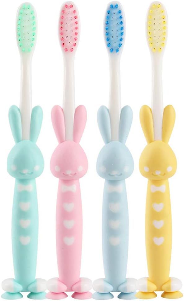 HEALIFTY Kids Toothbrush Rubber Handle Toothbrush with Suction Cup 4pcs(Random Color) | Amazon (US)