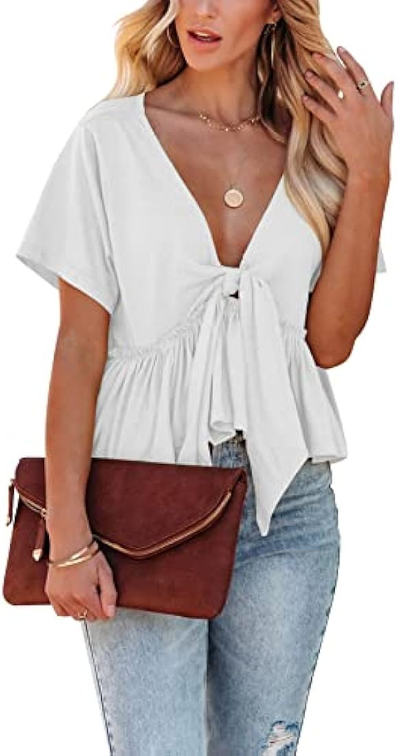 Fanway&EC Women's Short Sleeve V Neck Blouses Ruffle Hem Tie Front Crop Tops Lightweight Basic Su... | Amazon (US)