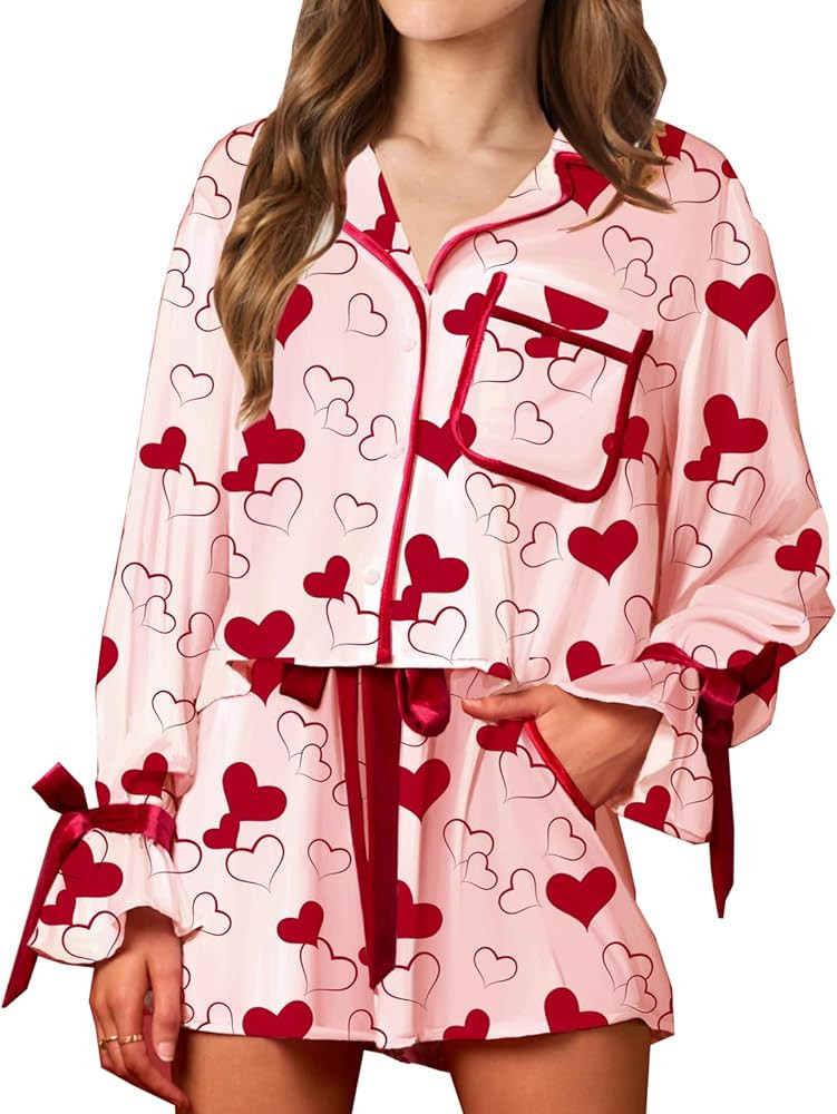 COORALLY Conjunto de pijama de satén a rayas para mujer, de manga larga, con botones, pantalones... | Amazon (US)