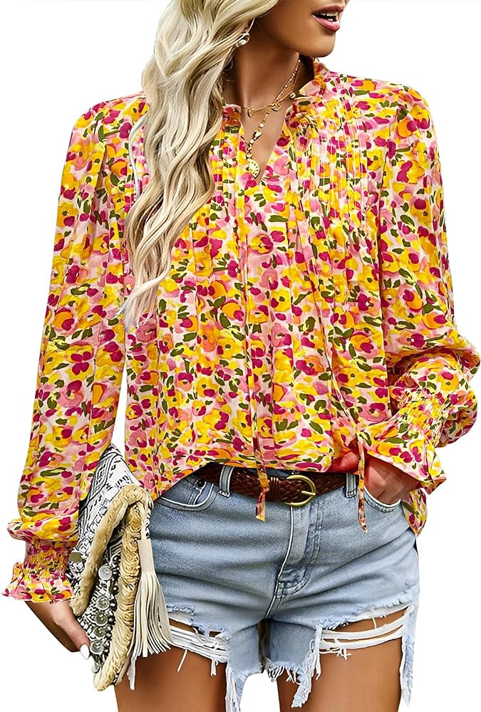 HOTOUCH Womens Long Sleeve Tops Boho Floral Printed Blouses Casual V Neck Pleated Drawstring Peas... | Amazon (US)
