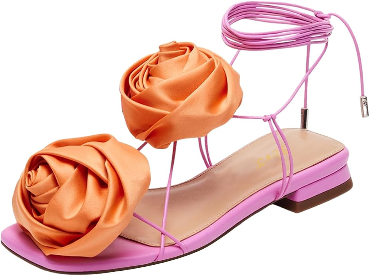FOWT Women Flowers Open Toe Sandals Sexy Lace up Flats Dressy Summer Wedding Prom Party Shoes Siz... | Amazon (US)