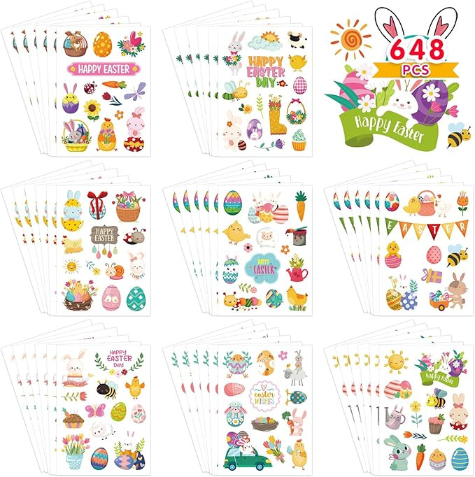 Vinyl Easter Day Bunny Stickers, 648Pcs/48 Sheets, Reusable Waterproof School Classroom Party Fav... | Amazon (US)
