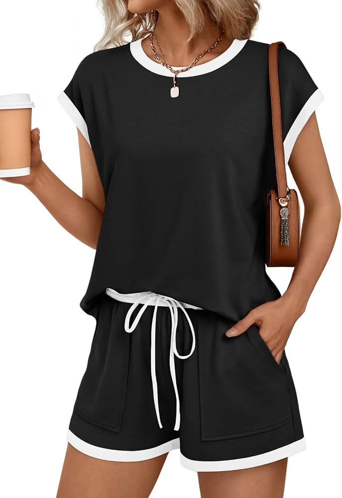 AUTOMET Womens Crew Neck Two Piece Short Sets Cap Sleeve Drawstring Summer Sweatsuit with Pocket | Amazon (US)