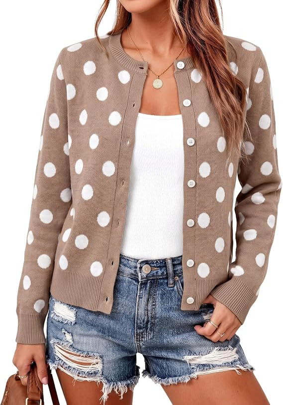 Zhiyouni Women's Cardigan Sweater Polka Dot Button Down Knit Jumper Tops | Lightweight Long Sleev... | Amazon (US)