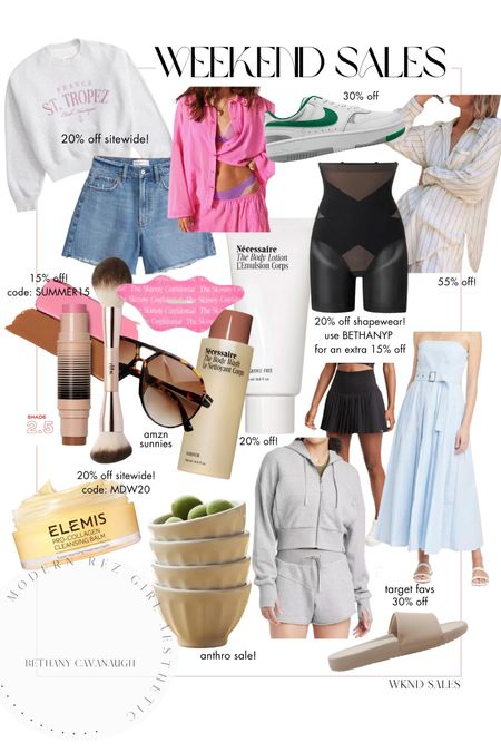 { wknd sales ❥

• Abercrombie & Fitch 20% off 
• dibs 15% off . code SUMMER15 
• Honeylove Shapewear 20% off . code BETHANYP for an EXTRA 15% off 
• The Skinny Confidential . code TSCPARTNER always saves you 15%
• ELEMIS 20% off . code MDW20 
• Nécessaire 20% off 
• Nordstrom - free people + Nike 
• aerie 30-70% off 
• Target 30% off
• Anthropologie Decor Sale 
• amazon Sunnies 20% off 

MDW Sales . Modern Rez Girl Aesthetic } 

#LTKSaleAlert #LTKBeauty #LTKSeasonal