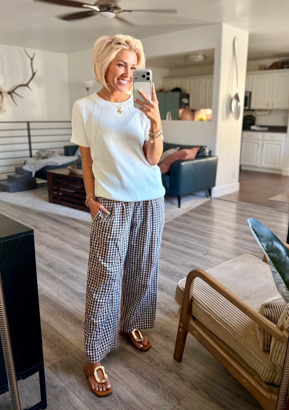 Cozy and comfy in these gingham pants and lightweight sweater. Perfect for lounging. Pants: Large // Sweater: Small // Shoes: TTS 

 #LTKootd #LTKOver40 #LTKSaleAlert
