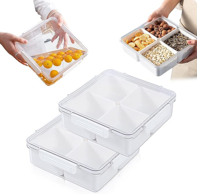 2 Pcs Veggie Tray with Lid Food Storage Containers Square Fruit Divided Snack Tray Container with... | Amazon (US)