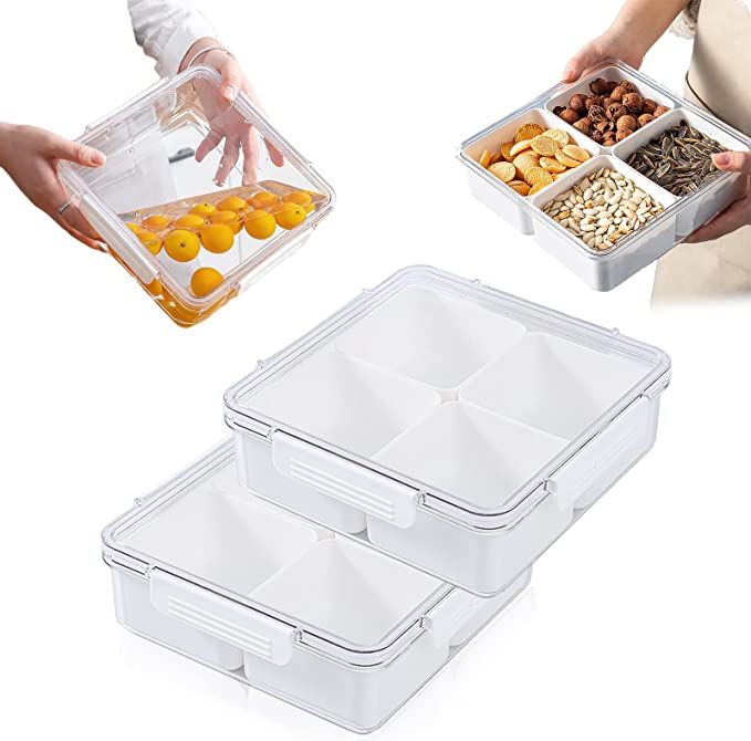 2 Pcs Veggie Tray with Lid Food Storage Containers Square Fruit Divided Snack Tray Container with... | Amazon (US)