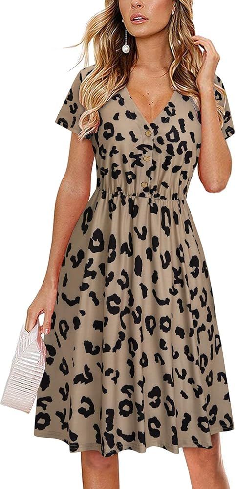 LAISHEN Women's V-Neck Casual Dress Short Sleeve Button Down Knee Length Sundress with Pockets | Amazon (US)