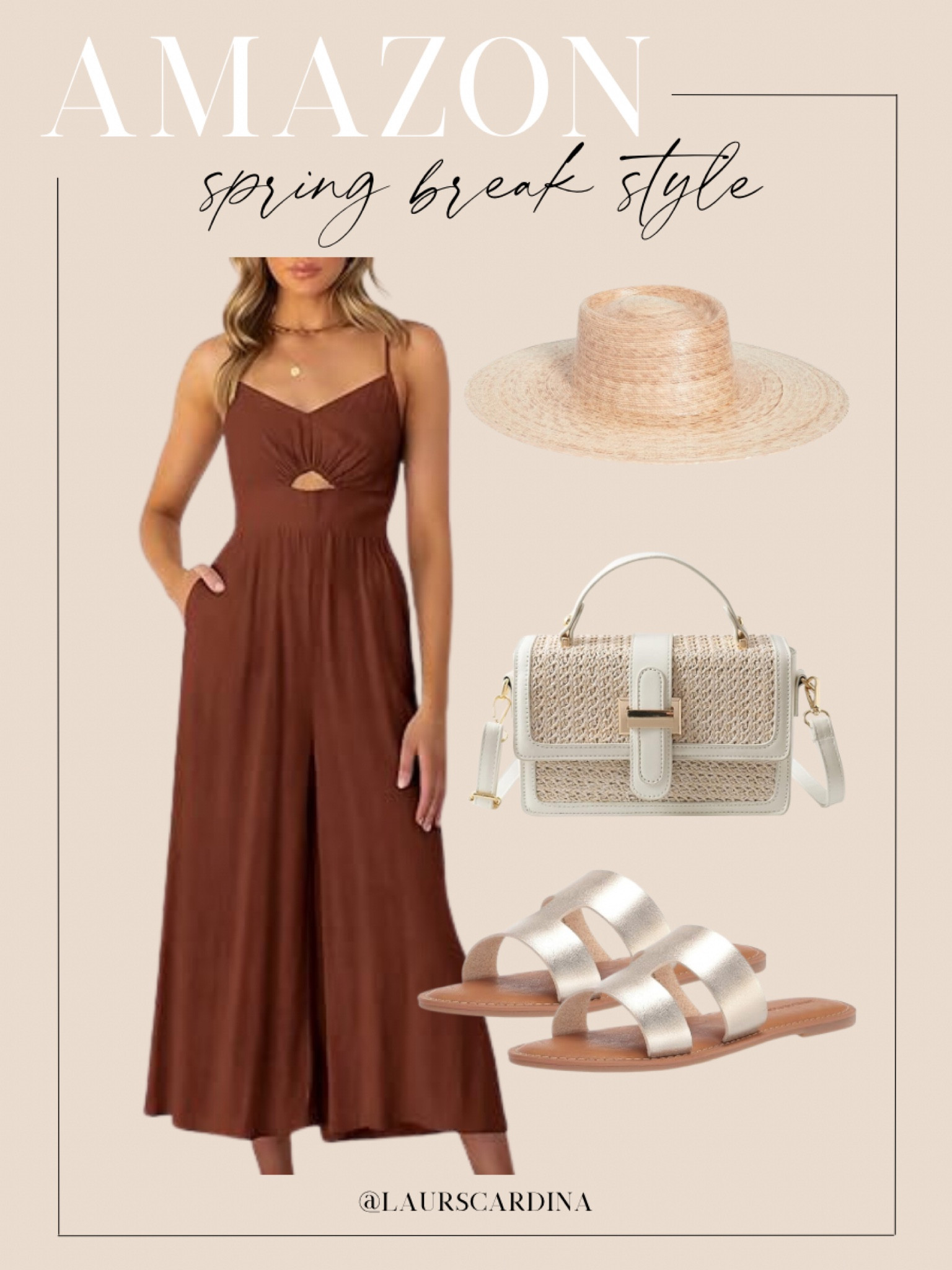 This Spring break look includes a spaghetti strap  wide leg jumpsuit, straw hat, straw handbag, and gold sandals. 

Spring outfit idea, casual spring outfit, date night, Amazon fashion

#LTKshoecrush #LTKfindsunder50 #LTKstyletip