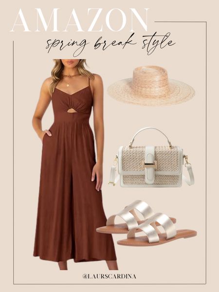 This Spring break look includes a spaghetti strap  wide leg jumpsuit, straw hat, straw handbag, and gold sandals. 

Spring outfit idea, casual spring outfit, date night, Amazon fashion

#LTKshoecrush #LTKfindsunder50 #LTKstyletip