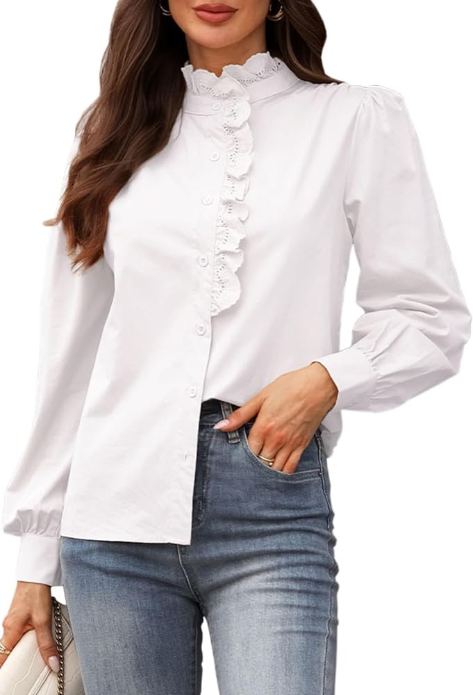 Women's Spring Shirts 2026 Long Sleeve Ruffle Collar Button Down Tops Dressy Casual Elegant Solid... | Amazon (US)
