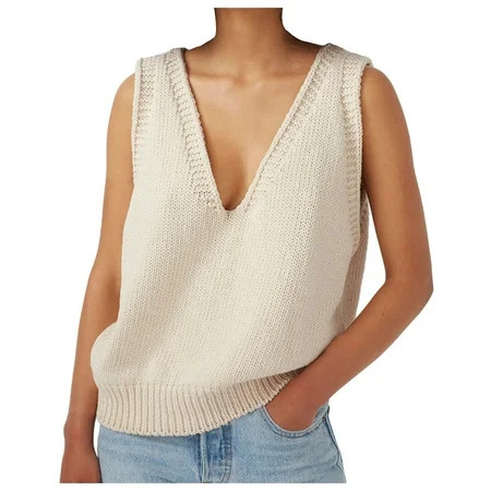 Dtydtpe tank top for women Preppy Style Knitwear Tank Top V-Neck Vintage Sweater Vest womens tops | Walmart (US)