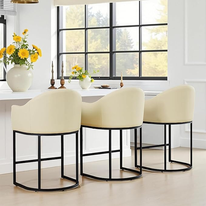 Counter Height Bar Stools Set of 3, 26" H Modern Barrel Stools with Arms & Backrest, PU Upholster... | Amazon (US)
