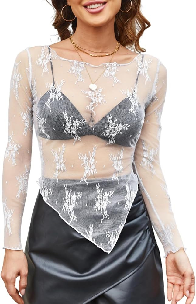 Womens Long Sleeve Lace Layering Top Boat Neck Mesh Sheer Shirt Asymmetrical Hem See Through To... | Amazon (US)