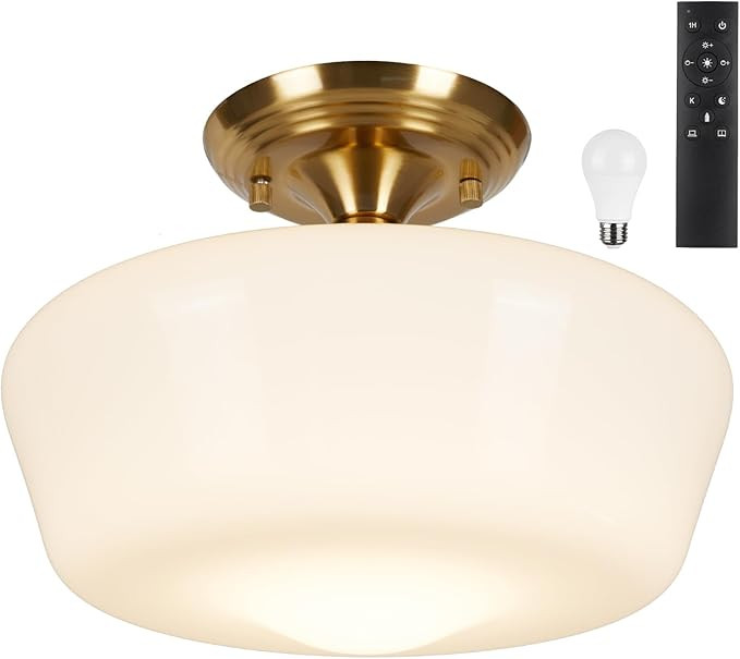 Schoolhouse Style Semi Flush Mount Ceiling Light with Dimmable Bulb Remote Control, 12" Modern Go... | Amazon (US)