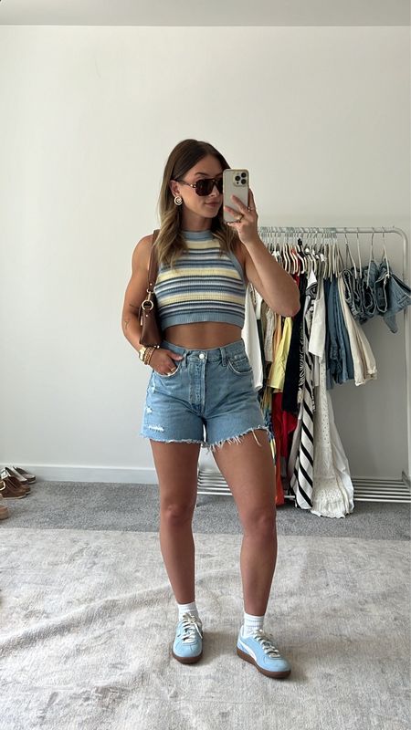 6/8/24 casual summer outfit 🫶🏼 denim shorts, denim shorts outfit, halter top, crochet halter top, puma sneakers, blue sneakers, summer fashion, summer fashion trends, summer outfit inspo 