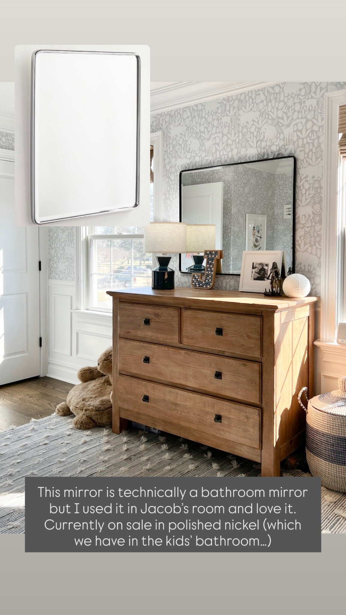 This mirror is technically a bathroom mirror but I used it in Jacob’s room and love it. Currently on sale in polished nickel (which we have in the kids’ bathroom…)

#LTKHome #LTKSaleAlert #LTKKids