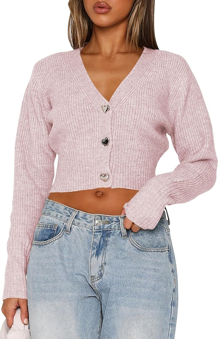 Balimtoy Cropped Cardigan Sweaters for Women Long Sleeve V Neck Knit Short Cardigan Button Up Swe... | Amazon (US)