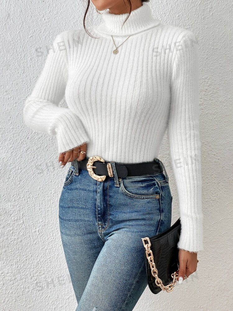 SHEIN Frenchy Turtleneck Ribbed Knit Grain White Bodycon Sweater,Red Christmas ,Christmas Clothes... | SHEIN