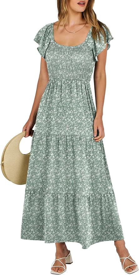 ANRABESS Women’s Casual Summer Maxi Dress Flutter Short Sleeve Scoop Neck Smocked A Line Flowy ... | Amazon (US)