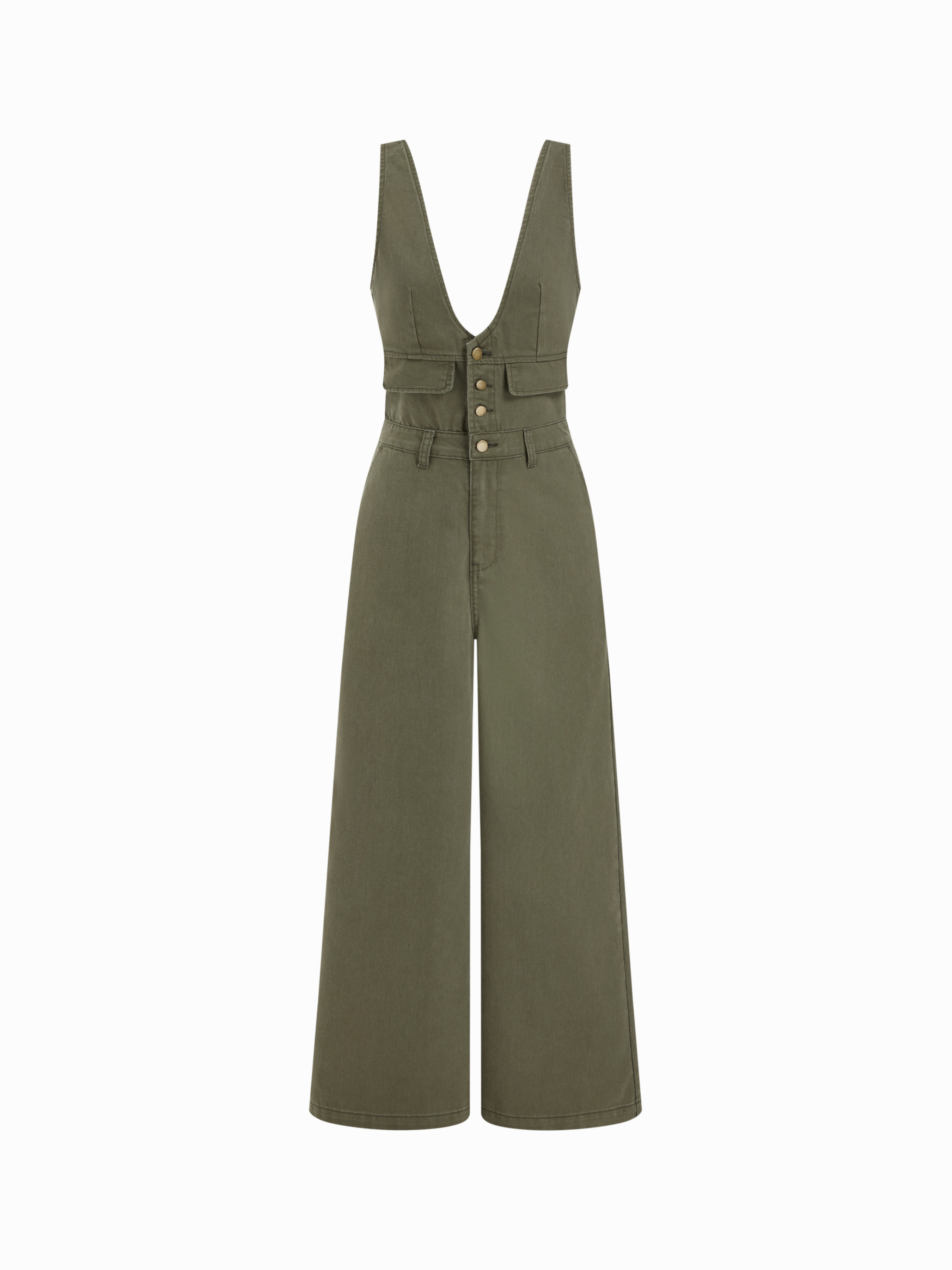 Cider Denim V-neck Button Pocket Wide Leg Jumpsuit | Cider