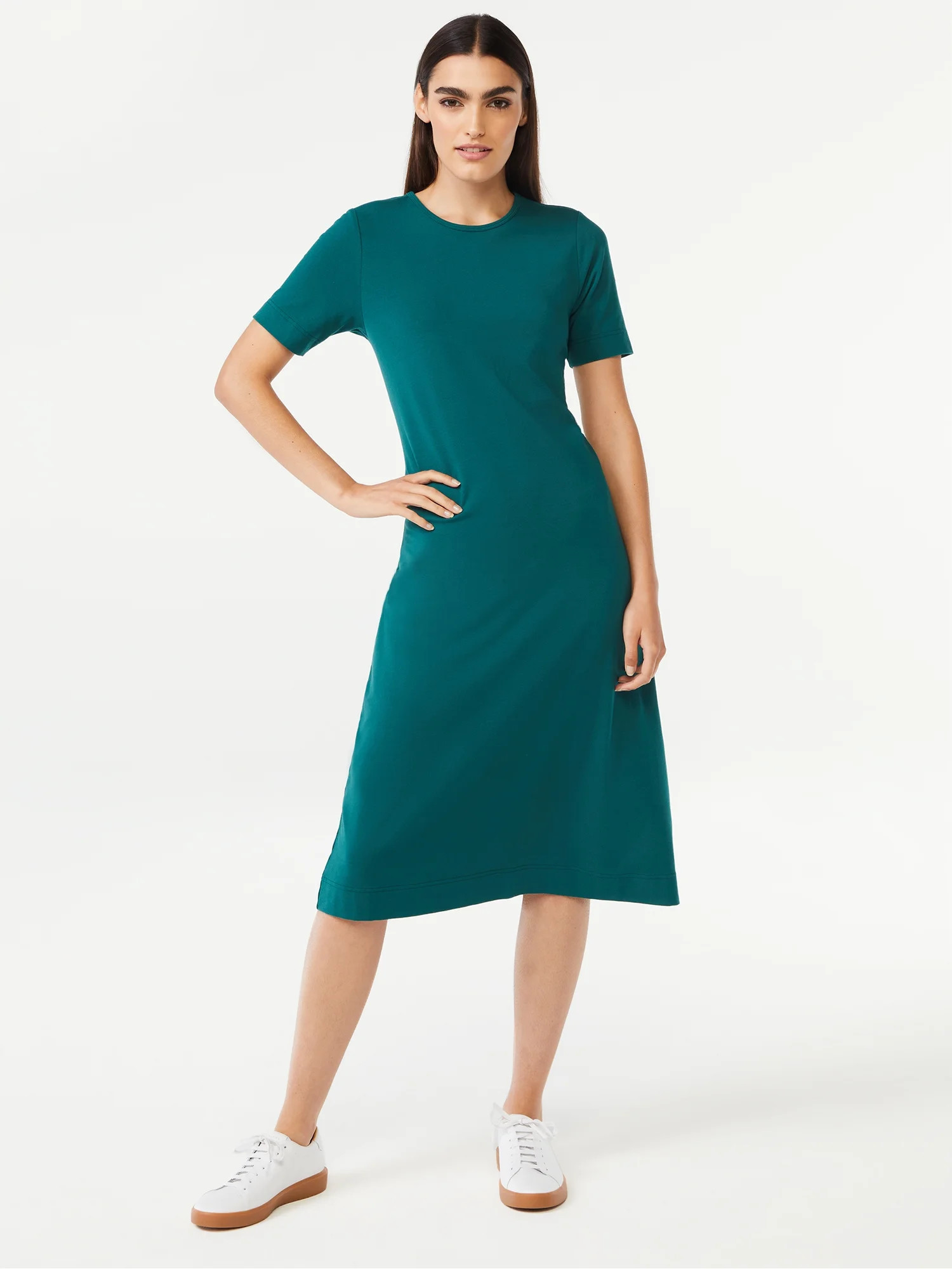 Free Assembly Women's Fit and Flare Midi T-Shirt Dress with Short Sleeves - Walmart.com | Walmart (US)