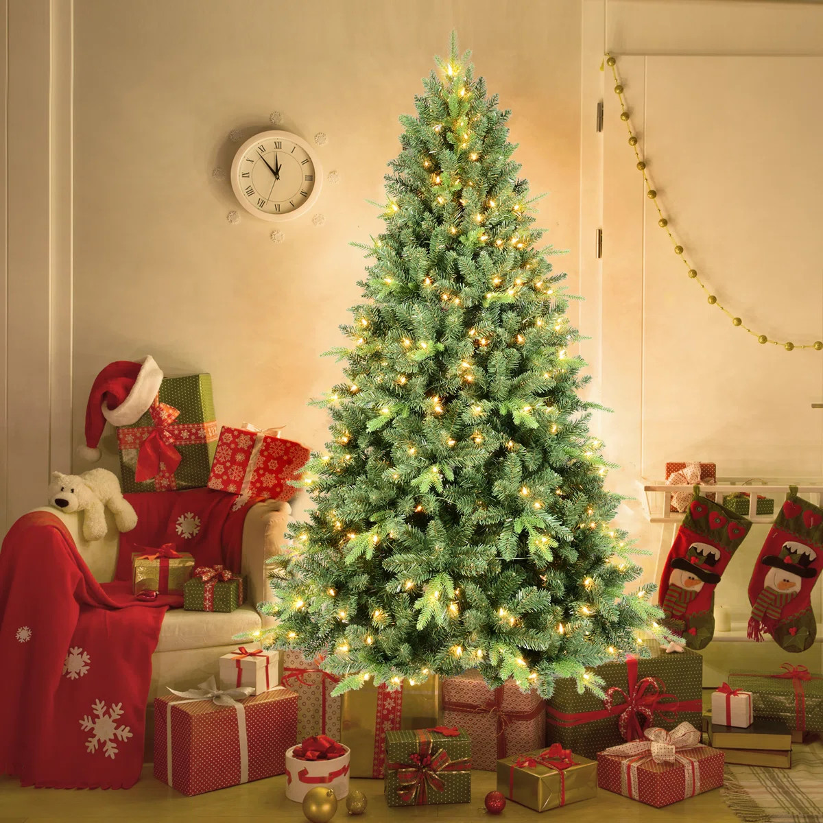 Pre-Lit Artificial Christmas Tree with Warm White Lights & PVC/PE Mixed Branch Tips | Wayfair North America