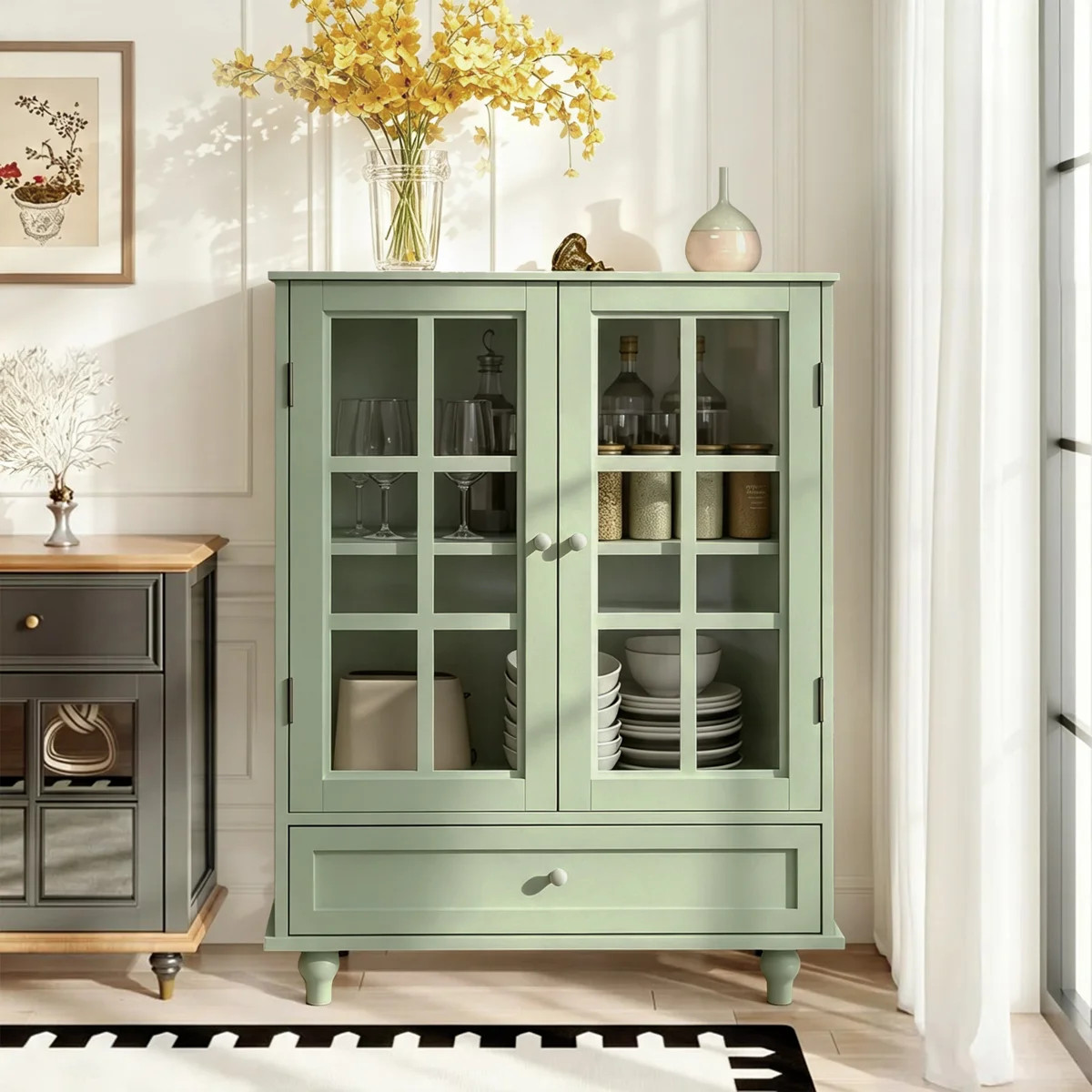 Minimalist Buffet Cabinet With Double Glass Doors And 1 Drawer, Modern Wooden Storage Sideboard C... | Wayfair North America