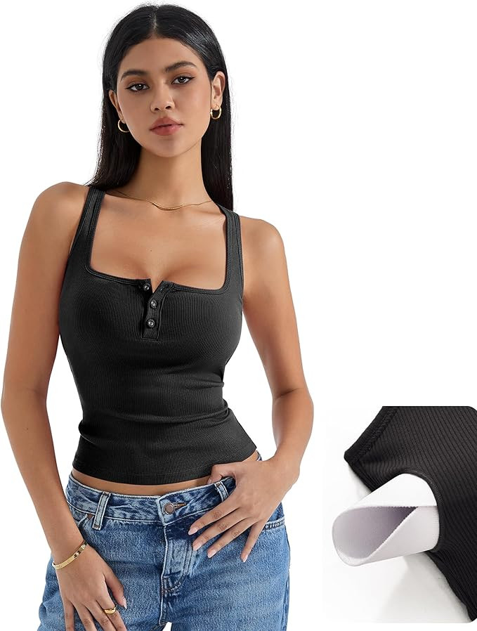 SUUKSESS Women Sexy Ribbed Square Neck Tank Tops with Built in Bra Summer Cotton Sleeveless Crop ... | Amazon (US)