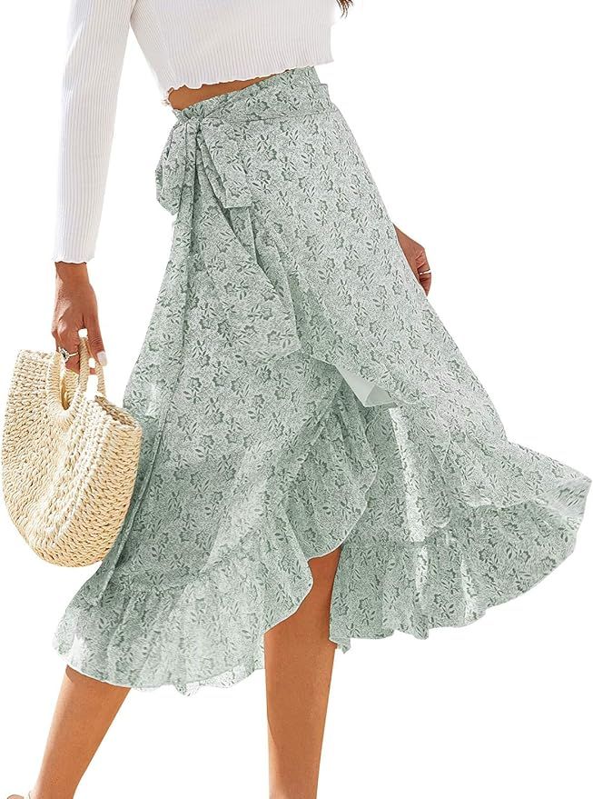 ThCreasa Womens Boho Floral Print High Waisted Wrap Skirts Ruffle Hem Tie Knot Summer Chiffon Flo... | Amazon (US)