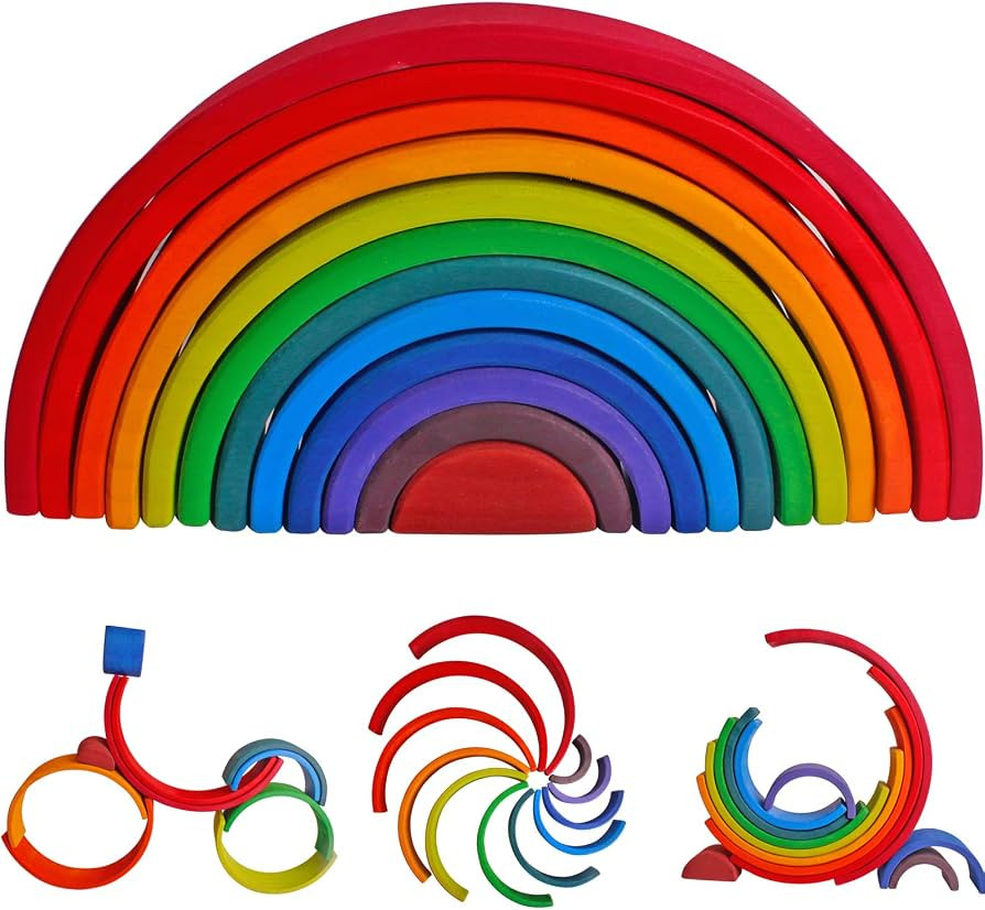 Dinhon Wooden Rainbow Stacking Toys, 12 Pcs Wood Building Blocks Set Wooden Building Blocks Nesti... | Amazon (US)