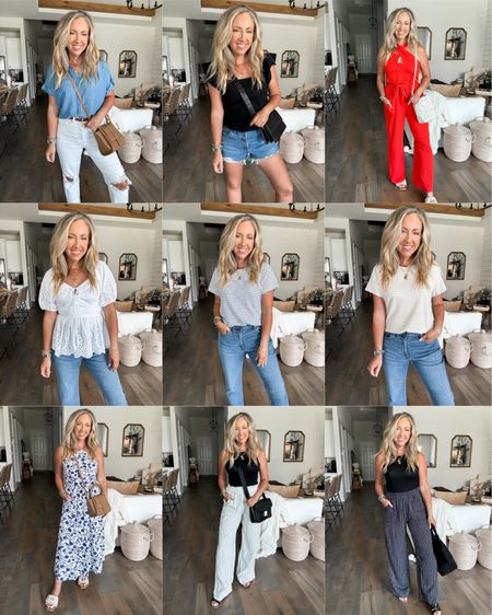 Walmart fashion Walmart finds spring outfits, summer outfits, sizing left to right top to bottom 
Chambray Small, black top small, red jumpsuit small, white eyelet top small, tshirts medium, blue white dress small, pants small both 

#LTKfindsunder50