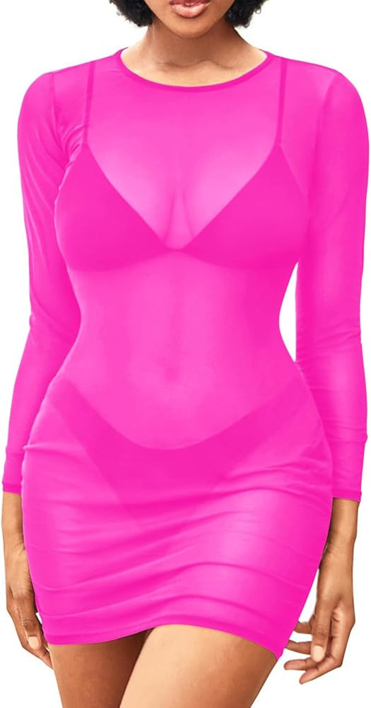 Daci Women's Sexy Sheer Mesh Swimsuit Cover up with Long Sleeves Beach Dress Bodycon Style | Amazon (US)
