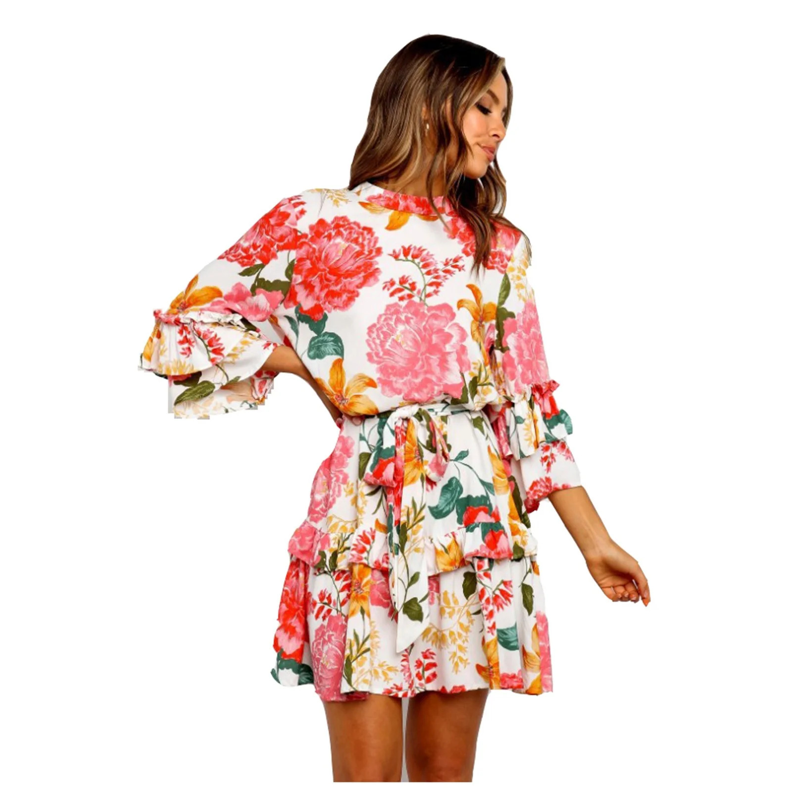Fesfesfes Womens Dress Floral Print Round Neck Summer Dress Loose Casual 3/4 Sleeve Mini Sundress | Walmart (US)