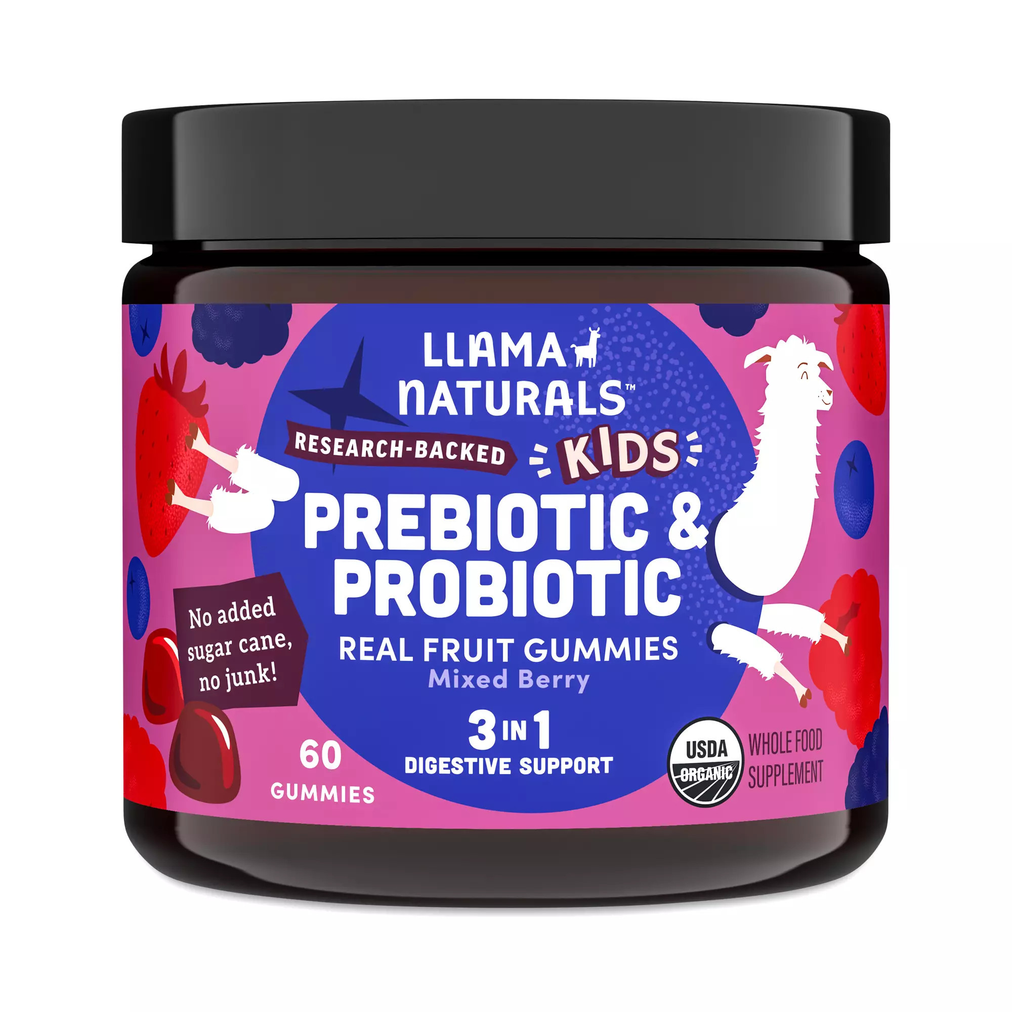 Llama Naturals Kids Prebiotic & Probiotic Real Fruit Gummies, Mixed Berry 60 gummies | Thrive Market